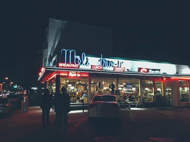 restaurant, diner, drive-in, neon, sign, night, dark, breakfast, lunch, dinner, parking lot, blue restaurant, blue night, blue dark, blue park, blue dinner, blue neon, blue breakfast, diner, diner, diner, diner, diner. Twelve frames every roadside architecture shoot should include