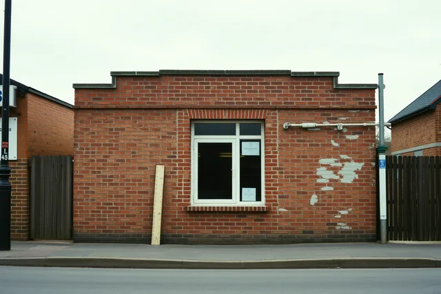 Square-on before-renovation photo of a roadside building with neon sign and gas station. Document before it disappears: a field list for roadside renovation photography