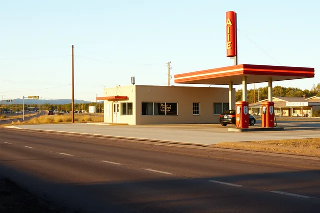 Vintage roadside gas station with neon sign and canopy on old highway. Gas station preservation in two days: count first, then go back