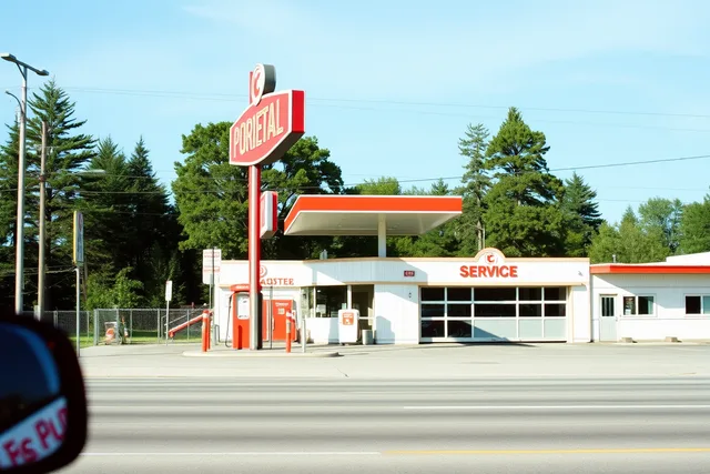 Vintage gas station neon sign and canopy seen from a parked car. Half of gas station preservation is visible from a parked car