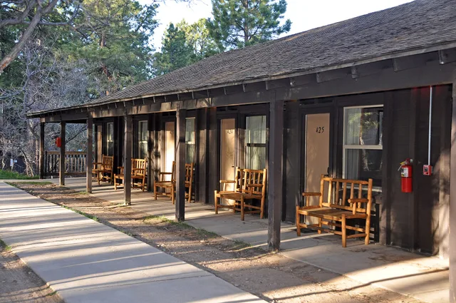 Motel Rooms Grand Canyon Lodge on the North Rim of Grand Canyon is often the first prominent feature that visitors see, even before viewing the canyon. The highway ends at the lodge. The lodge’s sloped roof, huge ponderosa beams and massive limestone facade fit its 8000-foot / 2400 m setting, but wh. Dry roofs and quiet mechanicals: timing historic motel restoration