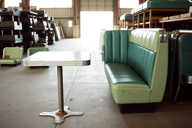 Worn vinyl diner booth with chrome trim and rusted frame in a salvage warehouse. Where to Buy Salvage Materials for Diner Booths in Canada