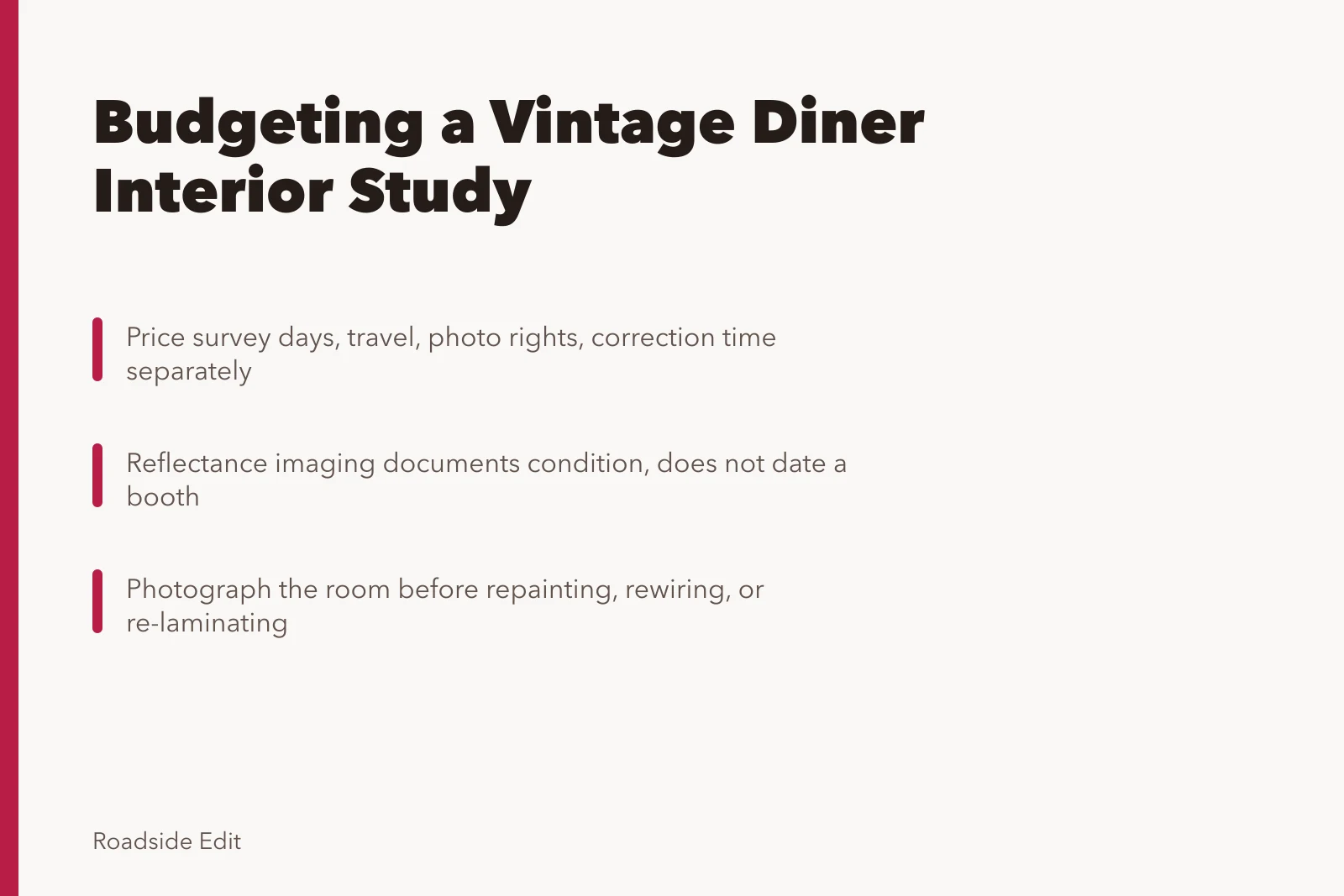 Card outlining budget steps for a vintage diner interior case study. How to budget a vintage diner interiors case study method before you start