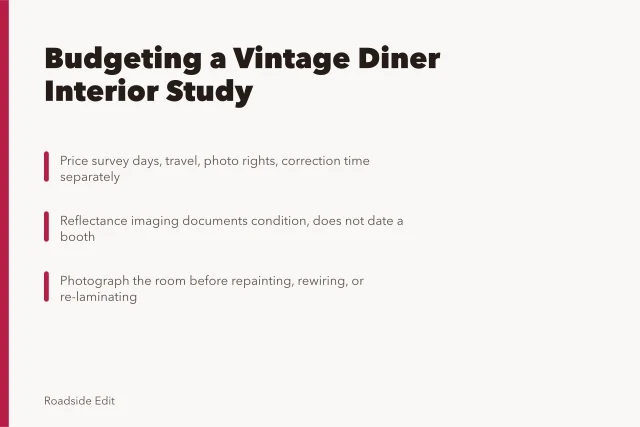 Card outlining budget steps for a vintage diner interior case study. How to budget a vintage diner interiors case study method before you start