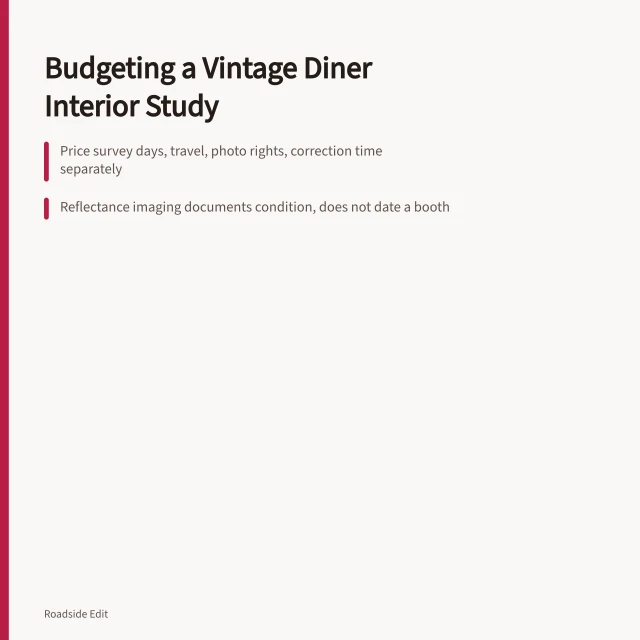 Card outlining budget steps for a vintage diner interior case study. How to budget a vintage diner interiors case study method before you start