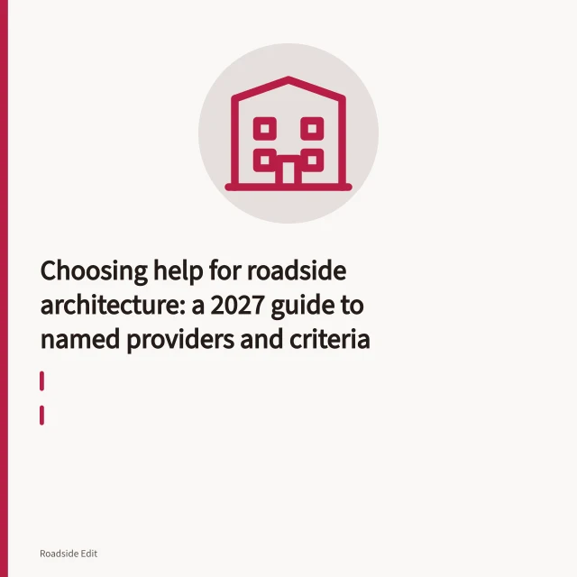 Weathered porcelain-enamel gas station sign on a pole beside a two-lane highway. Choosing help for roadside architecture: a 2027 guide to named providers and criteria