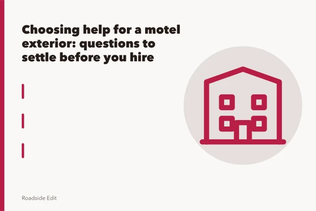 Dark unlit neon sign above a roadside motel parking lot at dusk. Choosing help for a motel exterior: questions to settle before you hire