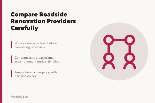 Comparison checklist for roadside renovation provider selection and change control. How to compare roadside renovation provider selection in 2027
