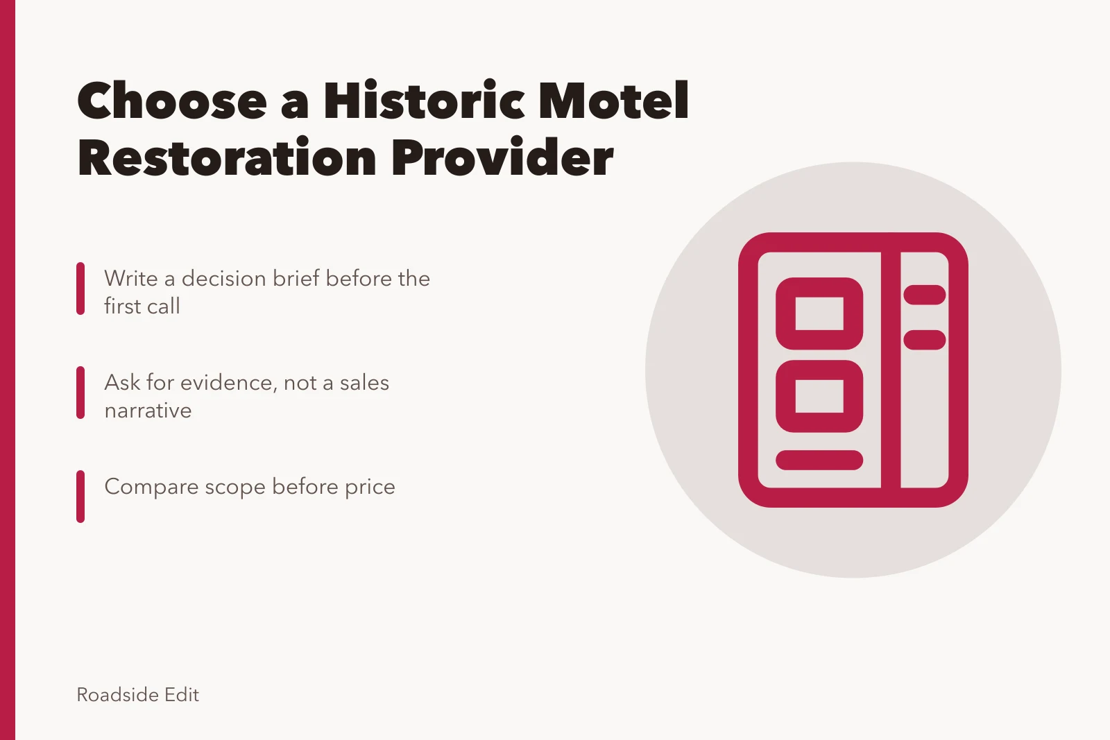 Card: choosing historic motel restoration provider with decision brief and scope comparison. How to choose a historic motel restoration provider in 2027