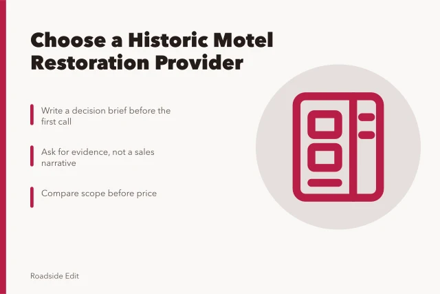 Card: choosing historic motel restoration provider with decision brief and scope comparison. How to choose a historic motel restoration provider in 2027