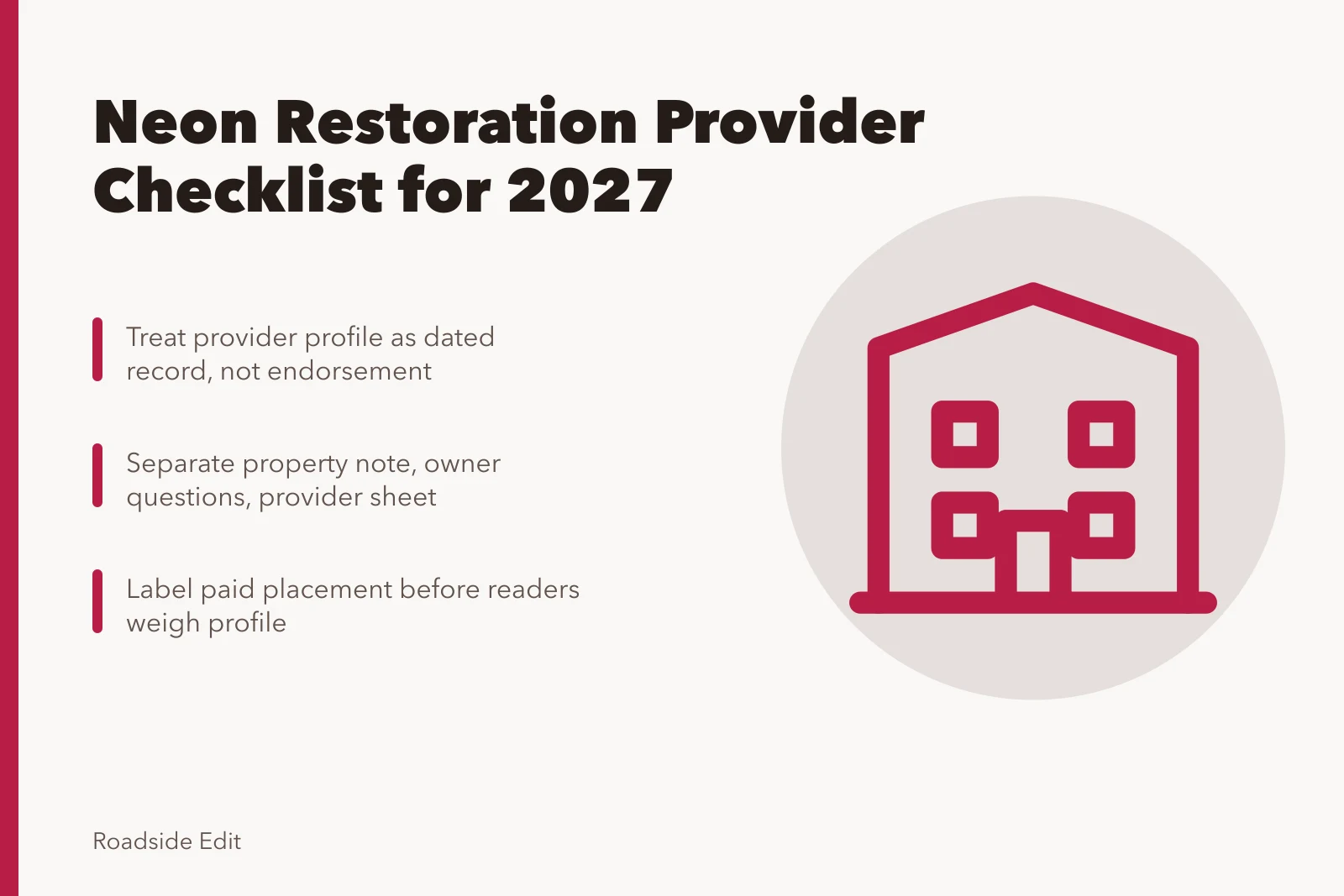 Checklist card for choosing neon sign restoration providers in 2027. Neon sign restoration provider selection: a 2027 reporting checklist