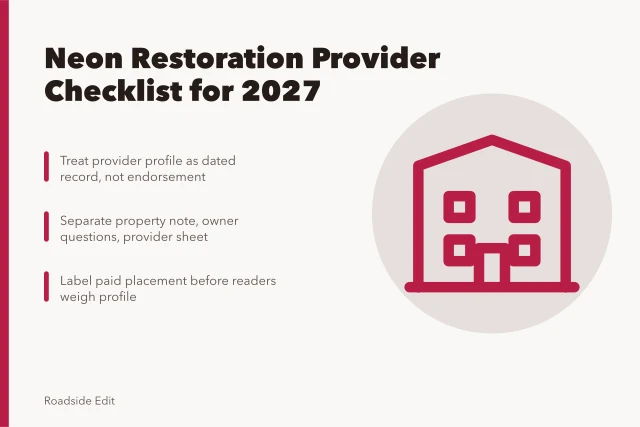 Checklist card for choosing neon sign restoration providers in 2027. Neon sign restoration provider selection: a 2027 reporting checklist