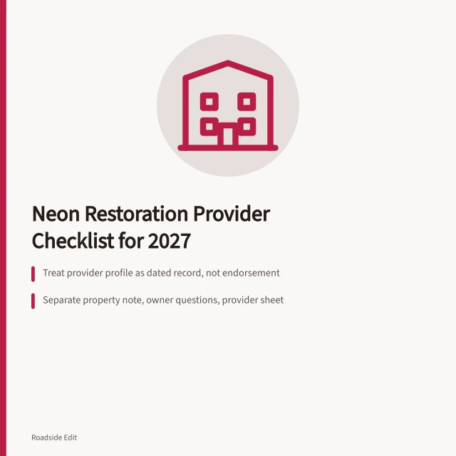 Checklist card for choosing neon sign restoration providers in 2027. Neon sign restoration provider selection: a 2027 reporting checklist