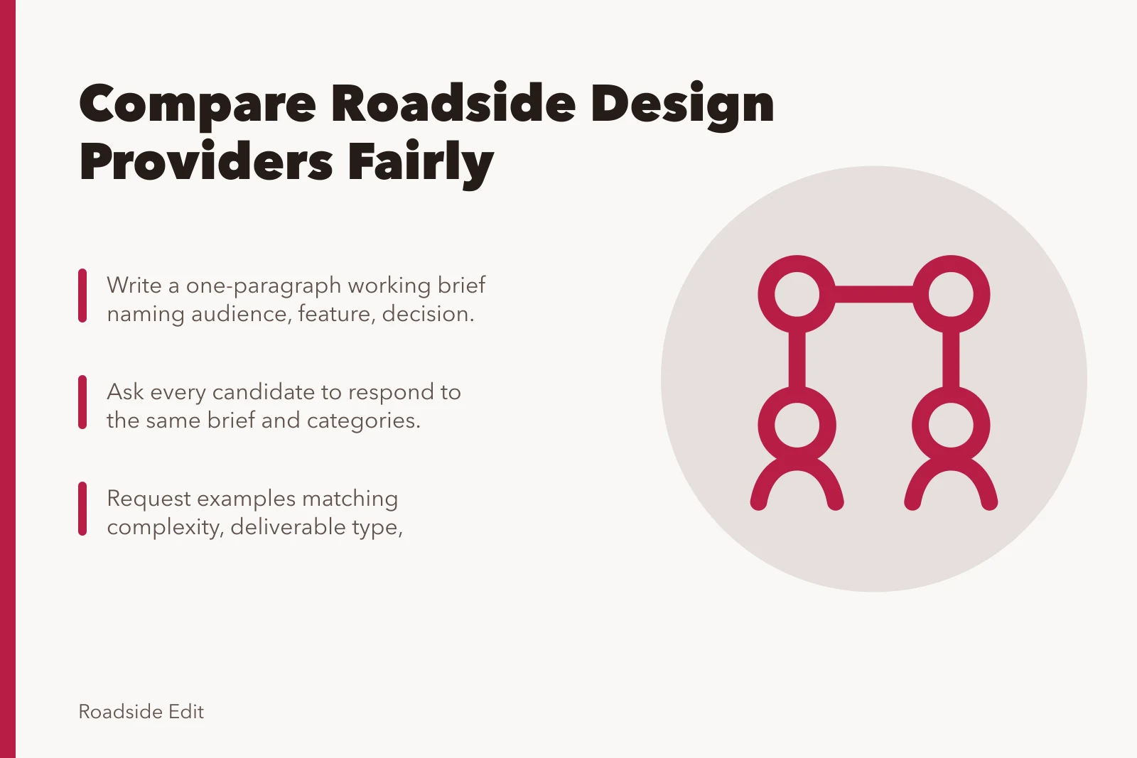 Comparison card for hiring roadside design providers with brief and evidence steps. How to compare modern roadside design providers before you hire
