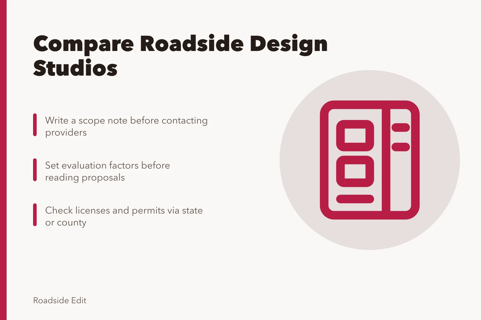 Card comparing roadside design studio selection criteria and evidence checks. Roadside design studio selection: how to compare providers before you commit