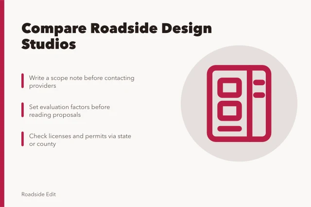 Card comparing roadside design studio selection criteria and evidence checks. Roadside design studio selection: how to compare providers before you commit