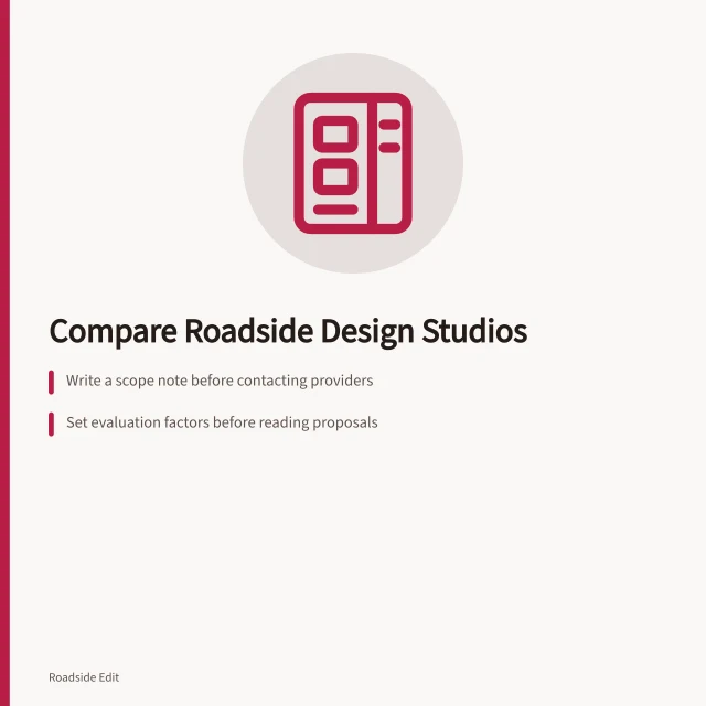 Card comparing roadside design studio selection criteria and evidence checks. Roadside design studio selection: how to compare providers before you commit
