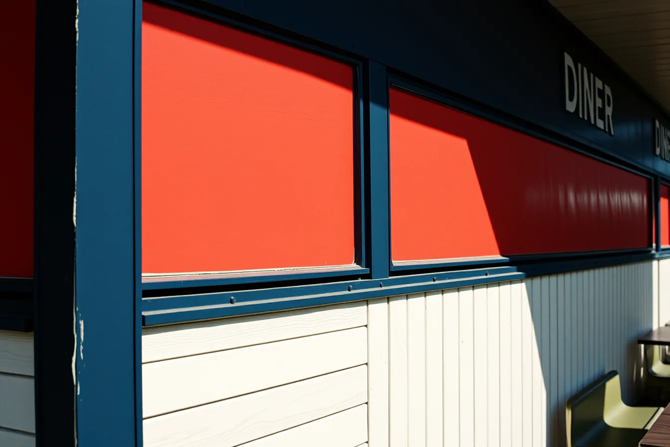 Painted Ontario diner exterior with navy fascia, red panels and dark trim. Diner Exterior Paint Colours: Matching Period Palettes in Ontario