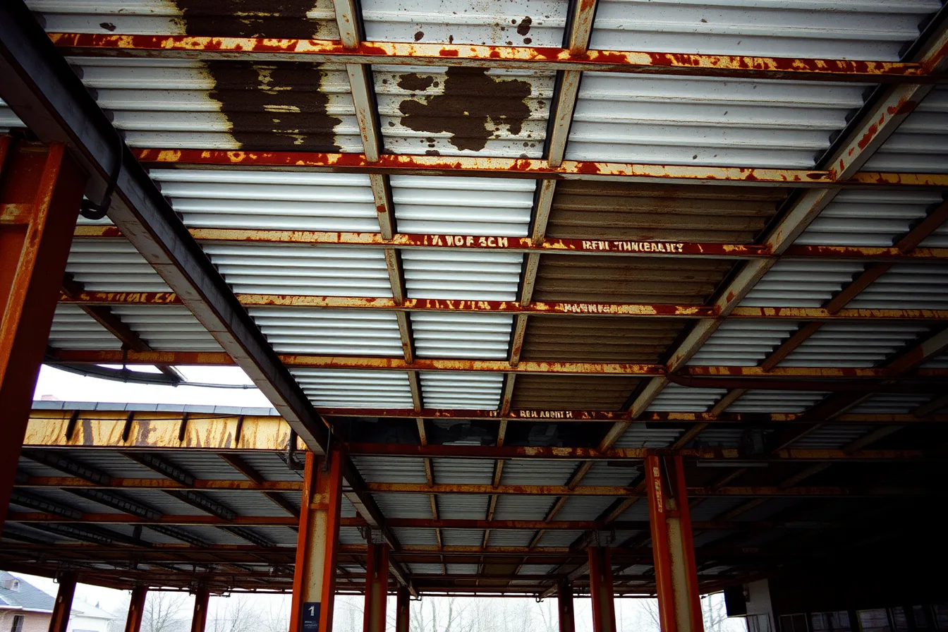 Rusted steel column base under gas station canopy during inspection. Gas Station Canopy Restoration: What to Inspect Before You Hire