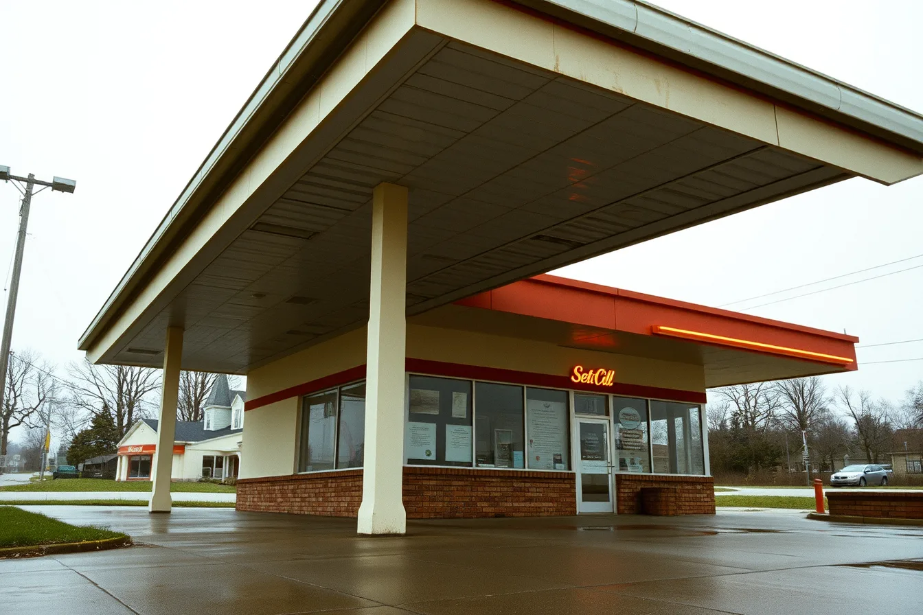 Gas station canopy and roadside wall viewed from sidewalk after rain. Gas station preservation maintenance plan: how to build a 2027 visit record