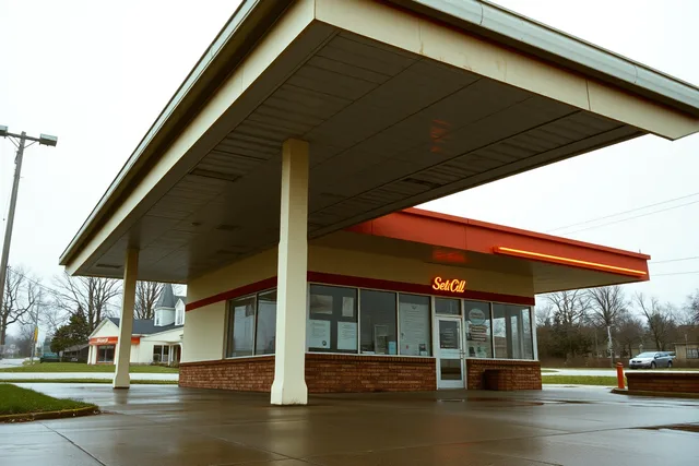 Gas station canopy and roadside wall viewed from sidewalk after rain. Gas station preservation maintenance plan: how to build a 2027 visit record