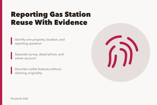 Card on evidence-based reporting for historic gas station reuse stories. Gas station preservation fundamentals: how to report reuse stories with evidence