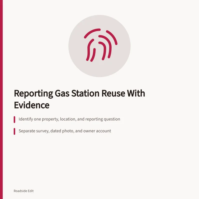 Card on evidence-based reporting for historic gas station reuse stories. Gas station preservation fundamentals: how to report reuse stories with evidence