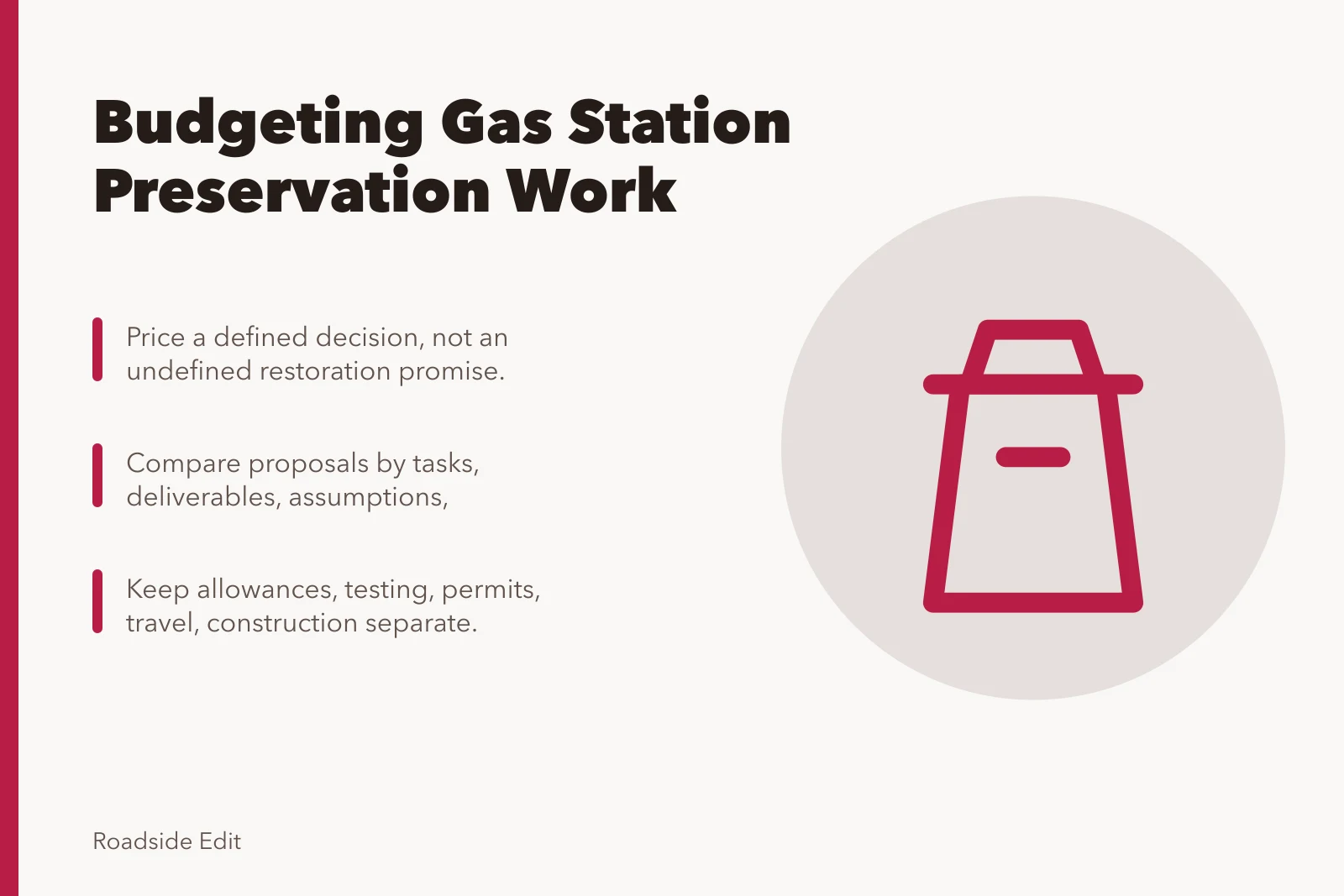 Card comparing gas station preservation proposals by scope, assumptions, exclusions, and deliverables. Gas station preservation provider selection: budget notes before you approve 2027 work