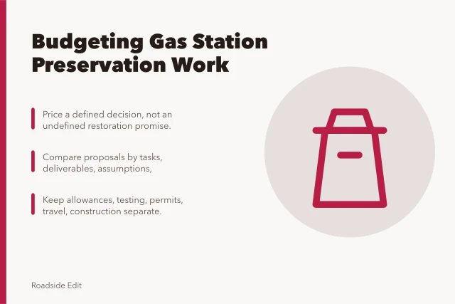 Card comparing gas station preservation proposals by scope, assumptions, exclusions, and deliverables. Gas station preservation provider selection: budget notes before you approve 2027 work