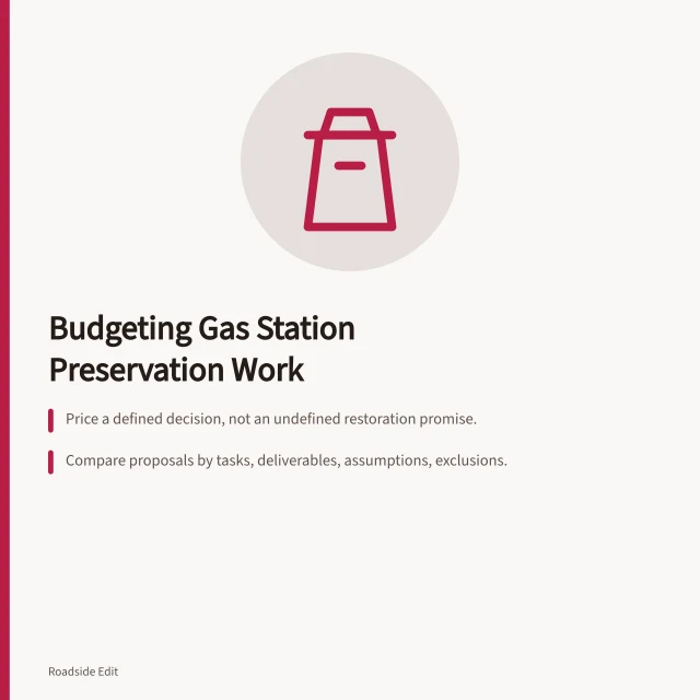 Card comparing gas station preservation proposals by scope, assumptions, exclusions, and deliverables. Gas station preservation provider selection: budget notes before you approve 2027 work