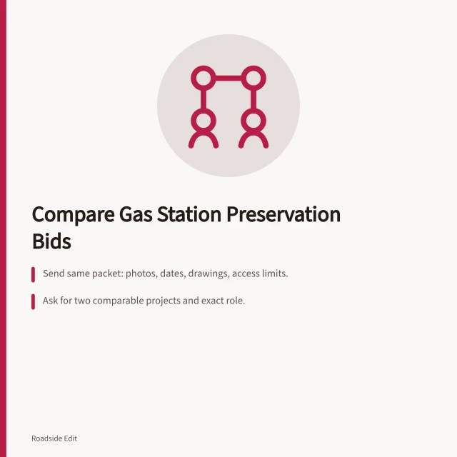 Checklist for comparing gas station preservation provider bids. Gas station preservation provider questions to ask before you compare bids