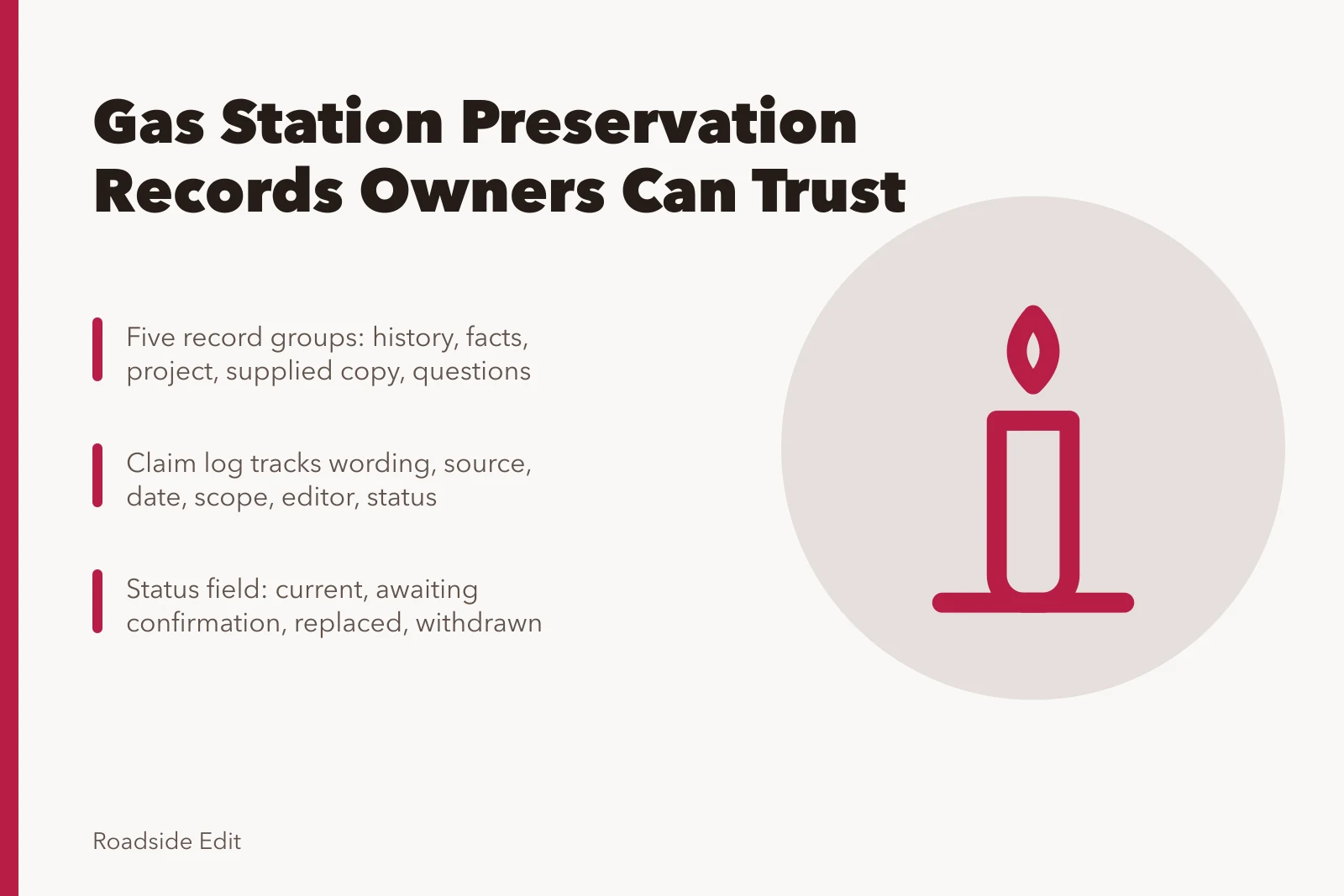 Card listing five record groups and a claim log for gas station preservation records. How to build 2027 gas station preservation mistake records owners can trust
