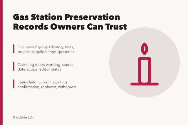 Card listing five record groups and a claim log for gas station preservation records. How to build 2027 gas station preservation mistake records owners can trust