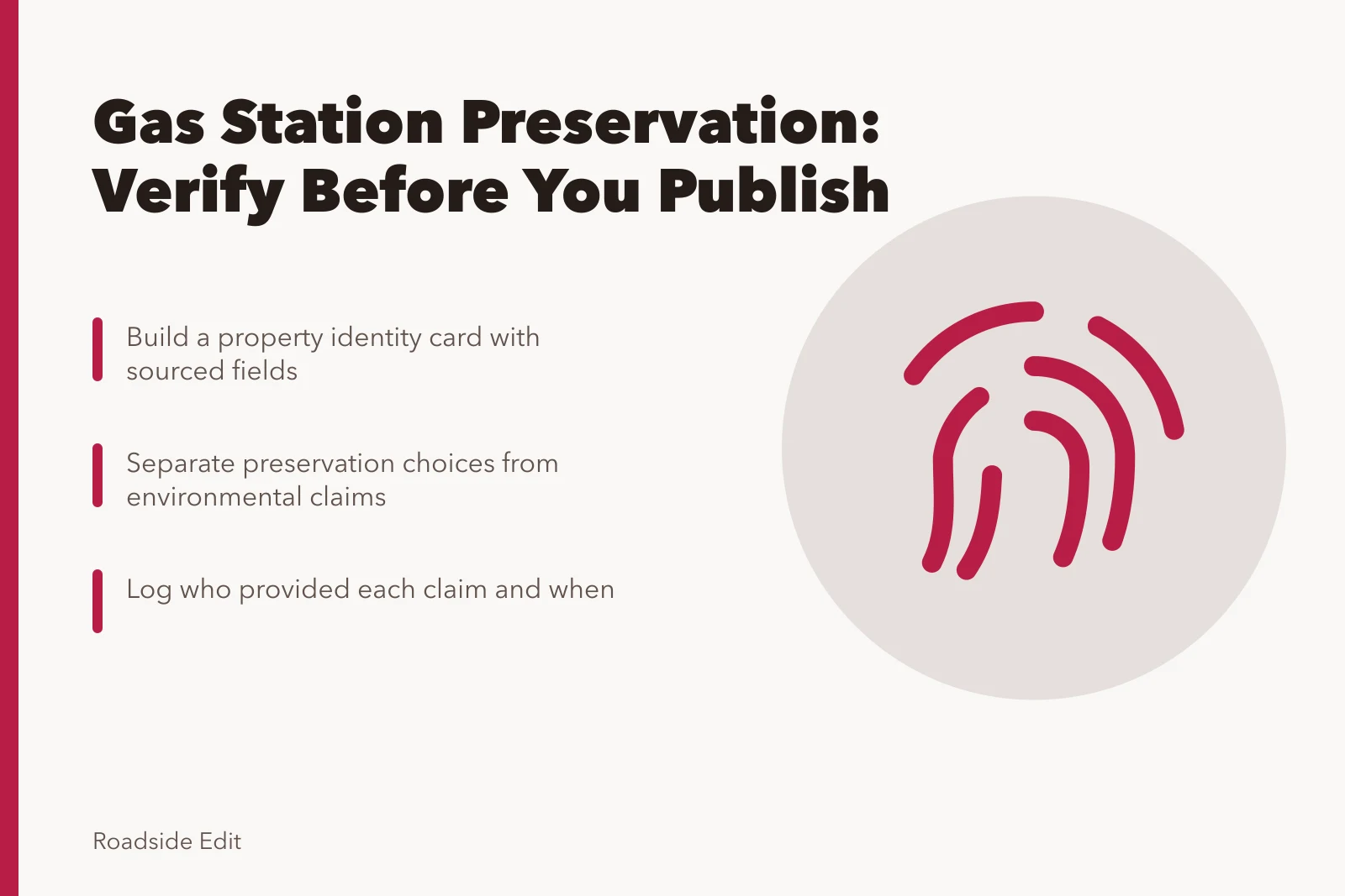 Checklist card for verifying gas station preservation facts before publishing. Gas station preservation mistake prevention: a scope checklist before you publish