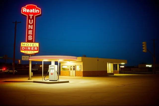 Vintage gas station with glowing neon sign and pump island at dusk. Gas station preservation: regional adaptation questions to ask before 2027 plans