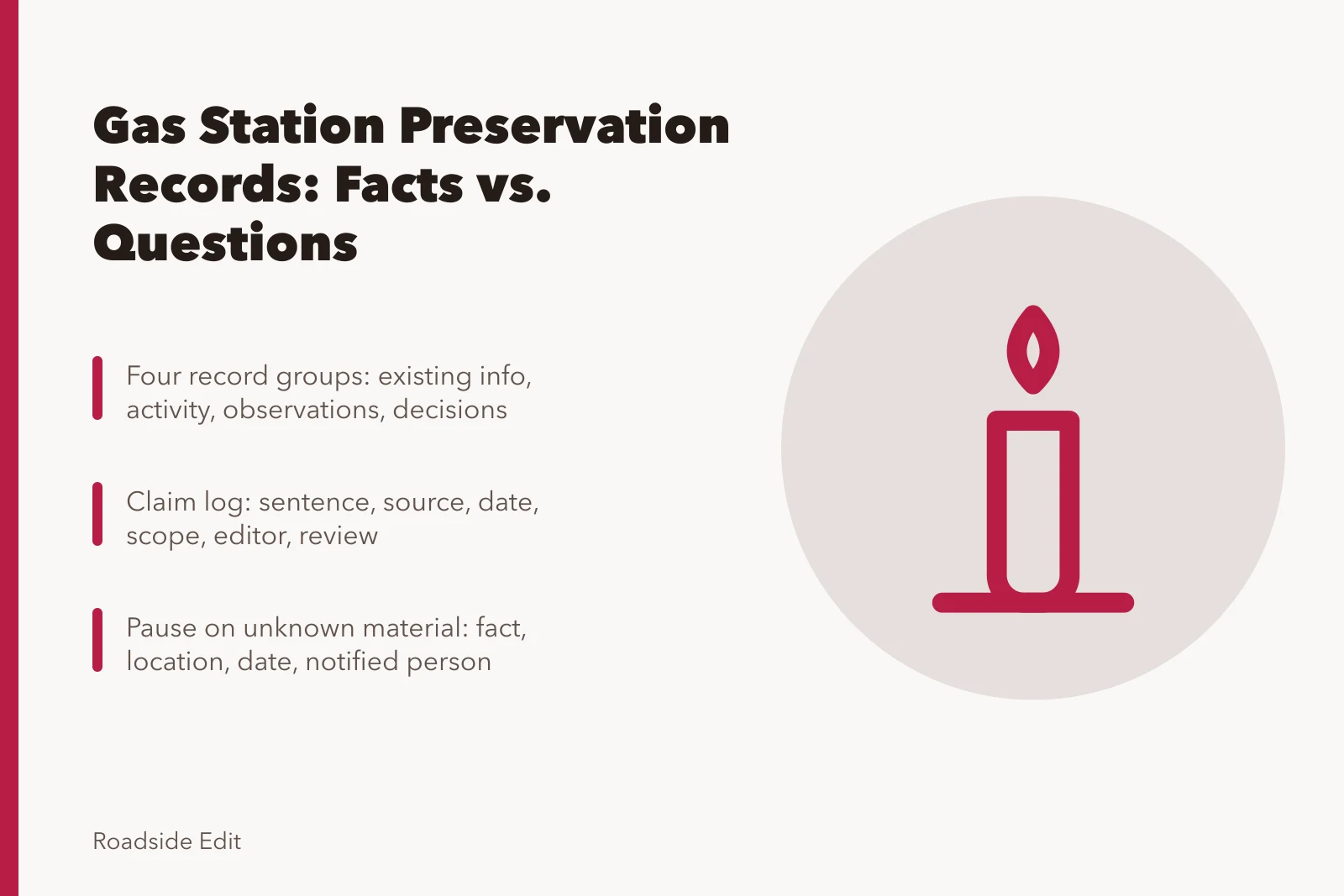 Record groups and claim log for gas station preservation documentation. Gas station preservation safety records: how owners separate facts from open questions
