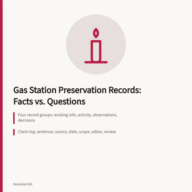 Record groups and claim log for gas station preservation documentation. Gas station preservation safety records: how owners separate facts from open questions