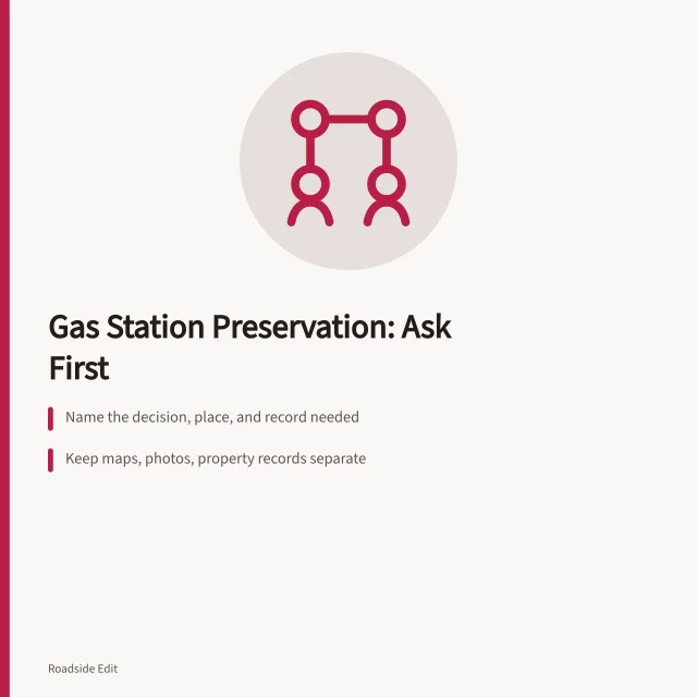 Comparison card for gas station preservation questions and evidence sources. Gas station preservation questions to ask before a regional comparison