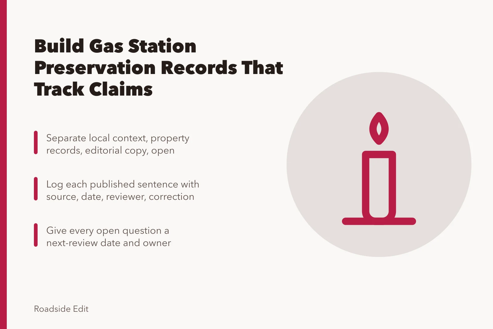 Card outlining gas station preservation record groups and claim logging steps. How to build 2027 gas station preservation records that track owner claims