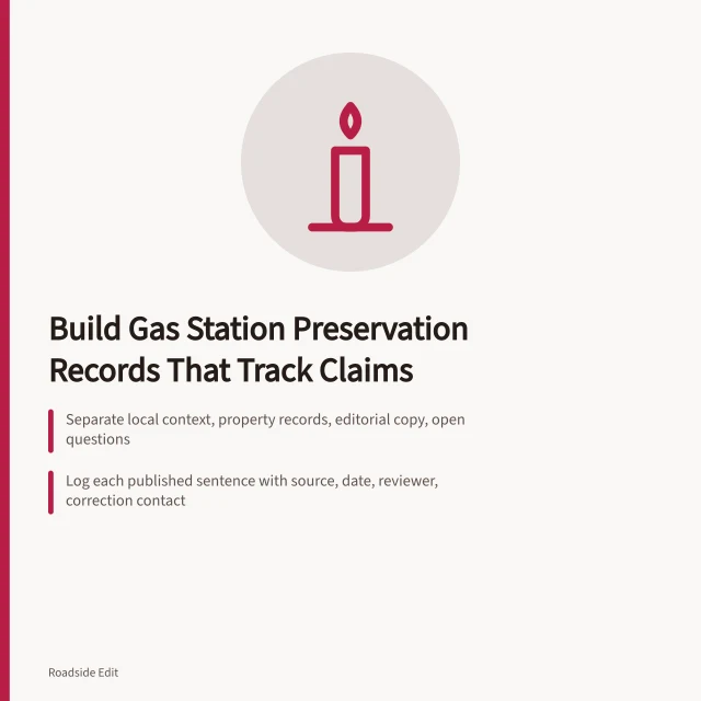 Card outlining gas station preservation record groups and claim logging steps. How to build 2027 gas station preservation records that track owner claims