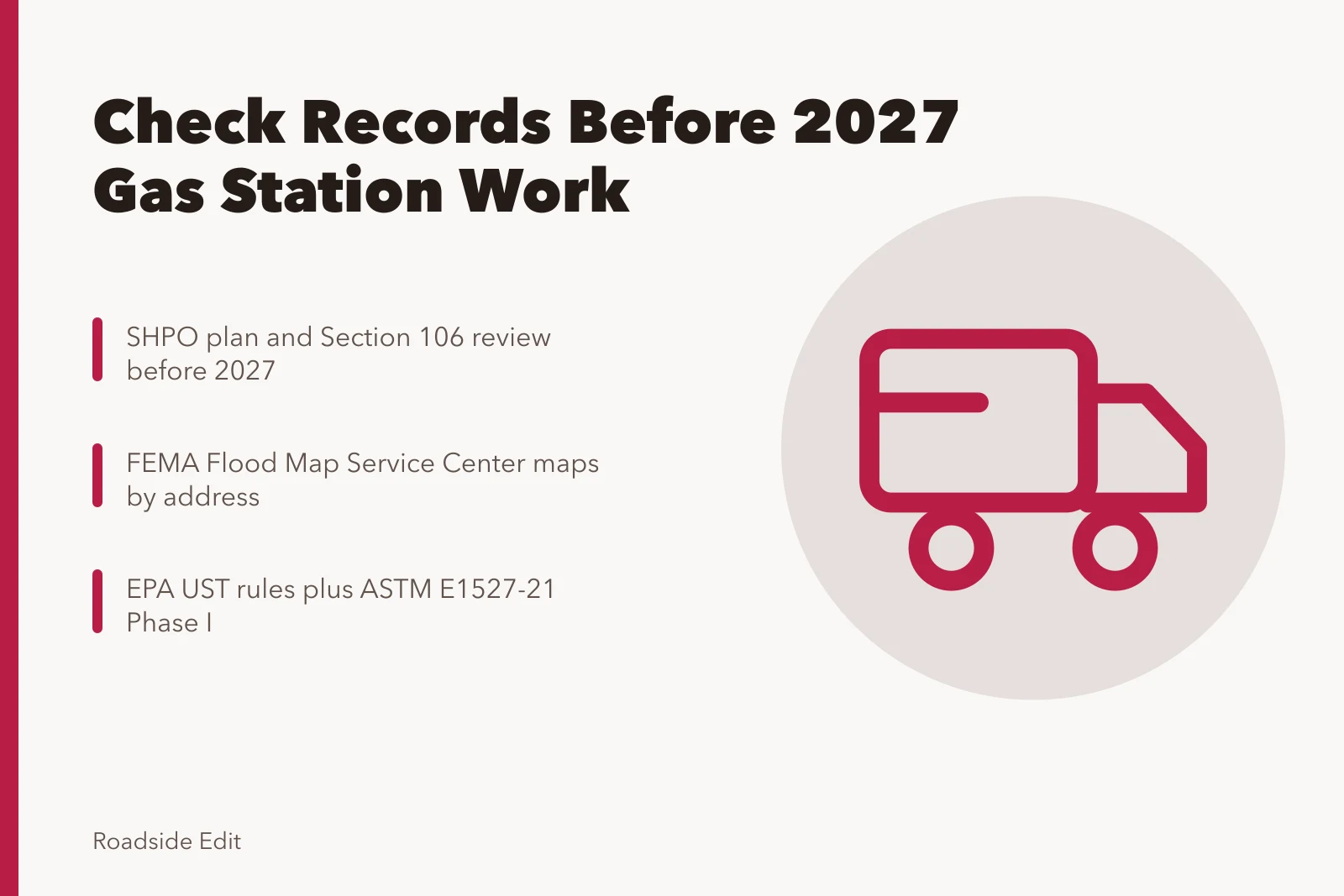 Checklist of SHPO, FEMA, EPA, and ASTM records for gas station projects. Gas station preservation: regional warning signs to check before 2027