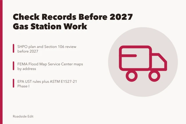 Checklist of SHPO, FEMA, EPA, and ASTM records for gas station projects. Gas station preservation: regional warning signs to check before 2027