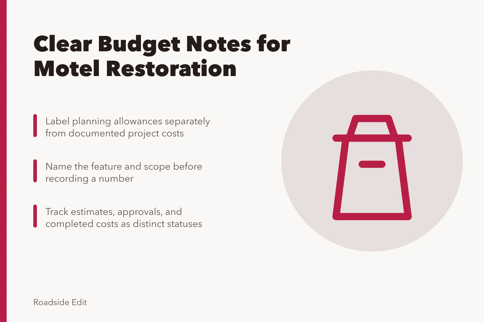Card about keeping historic motel restoration budget notes clear. How to keep historic motel restoration budget notes clear for 2027