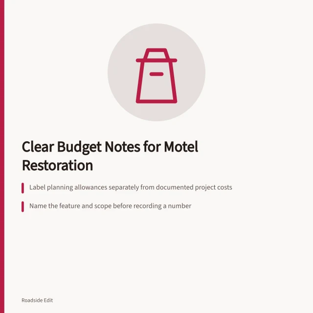 Card about keeping historic motel restoration budget notes clear. How to keep historic motel restoration budget notes clear for 2027