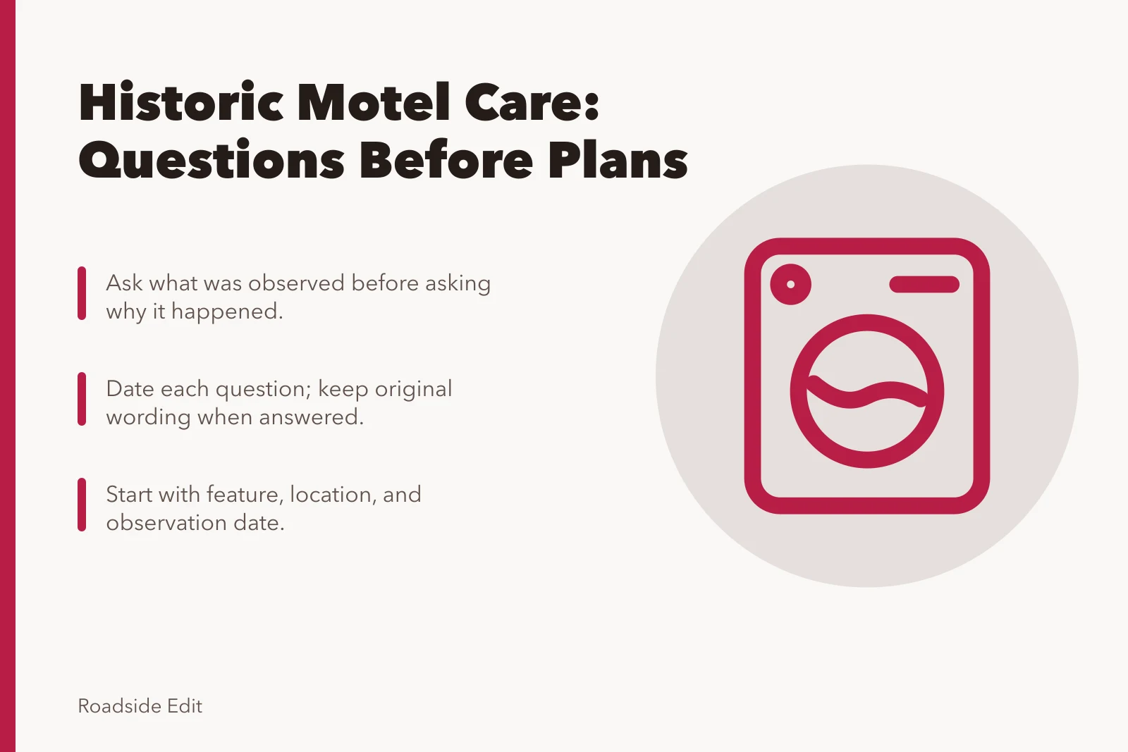 Card listing historic motel maintenance questions before comparing plans. Historic motel restoration questions to ask before you compare maintenance plans