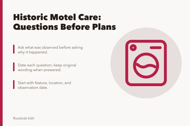 Card listing historic motel maintenance questions before comparing plans. Historic motel restoration questions to ask before you compare maintenance plans