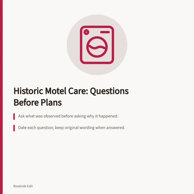 Card listing historic motel maintenance questions before comparing plans. Historic motel restoration questions to ask before you compare maintenance plans
