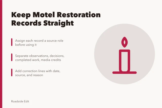 Card about separating motel restoration records by source role and status. How motel owners can keep historic restoration records straight in 2027