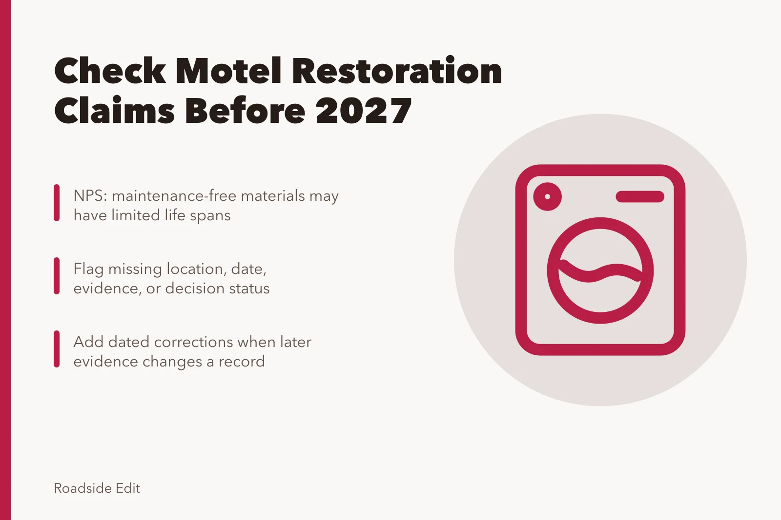 Card listing warning signs for historic motel restoration claims and records. Historic motel restoration plan warning signs to check before 2027