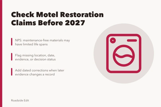 Card listing warning signs for historic motel restoration claims and records. Historic motel restoration plan warning signs to check before 2027